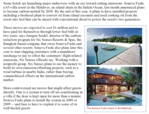 WSJ carbon neutral vacation write-up regarding Soneva Fushi's actions and achievements in energy and environmental eficiency