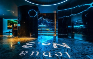 Accessorised in laser blue, piano black and rich copper, the high-tech venue offers dance-stopping views of the city skyline and the Chao Phraya River with cocktails at one of three circular bars.