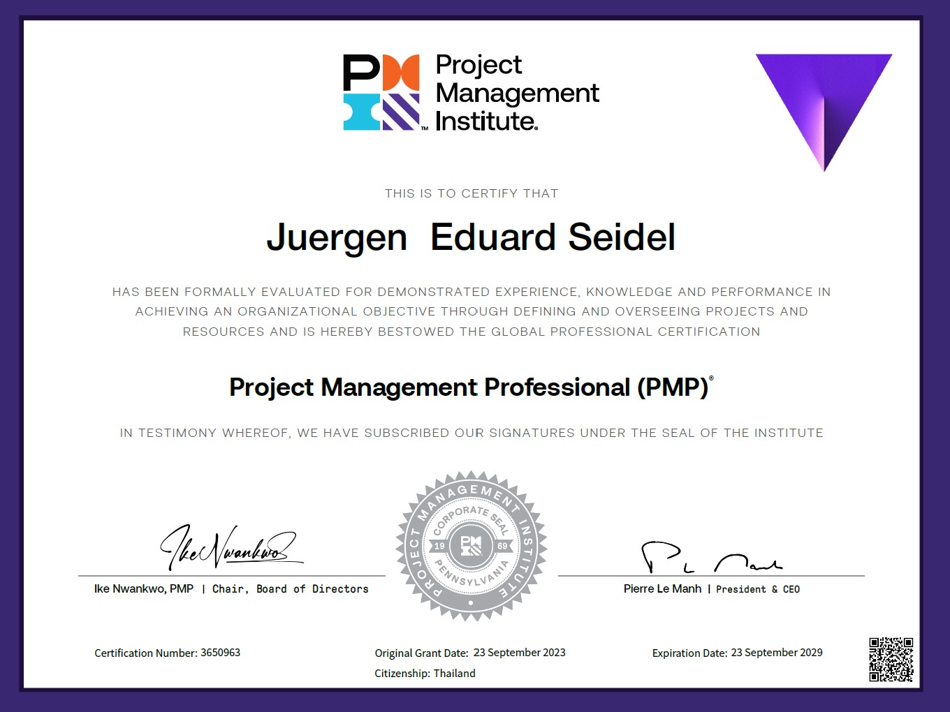 PMP Certificate, valid until 2029 PMP Certification, 2029
